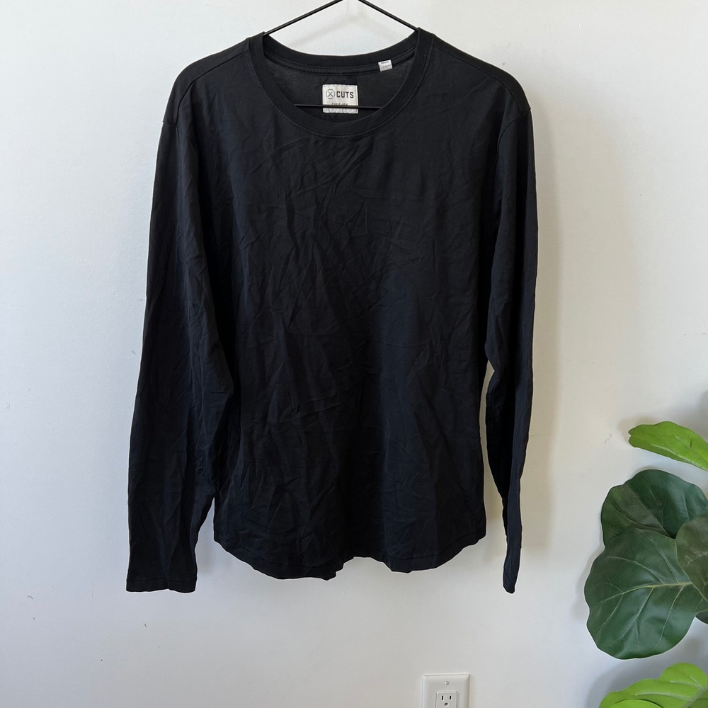 Cuts Curve-Hem Mens Long Sleeve T-Shirt Black Crew Neck Size L